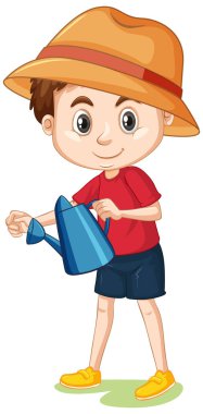 Gülümseyen çocuk bitkileri suluyor.