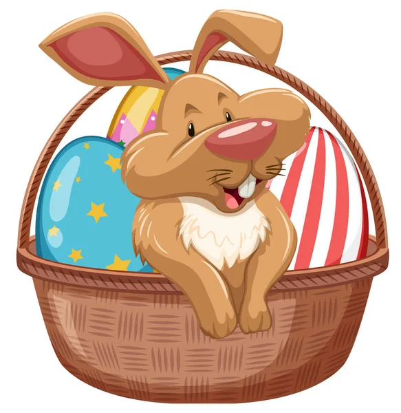 Easter Bunny Decorated Eggs Brown Basket Illustration — Stock Vector
