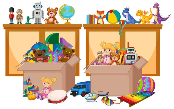 棚と箱には白い背景イラストのおもちゃがいっぱい — ストックベクタ
