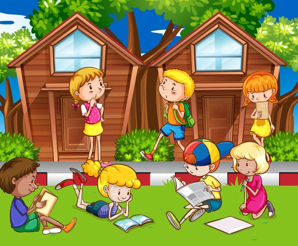 Scène Avec Nombreux Enfants Lisant Jouant Dans Illustration Parc — Image vectorielle