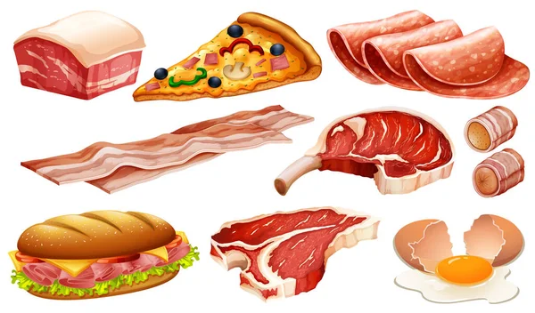 Set Diversi Prodotti Base Carne Sfondo Bianco Illustrazione — Vettoriale Stock