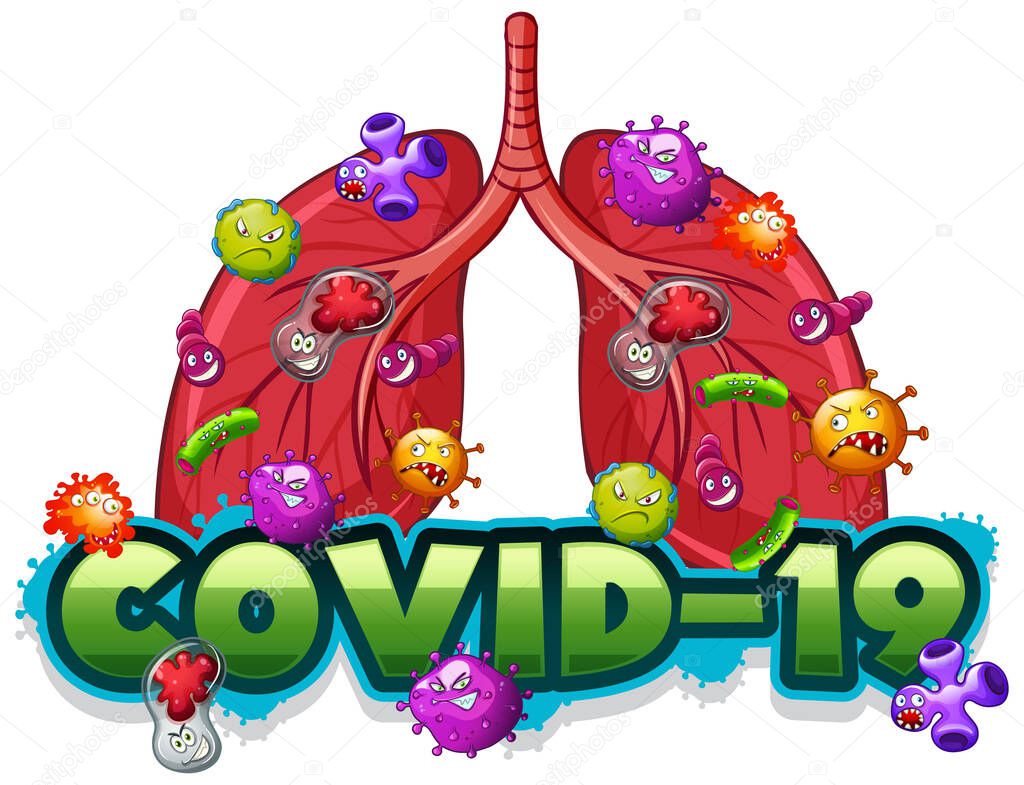 Covid 19 sign template with human lungs full of viruses illustration