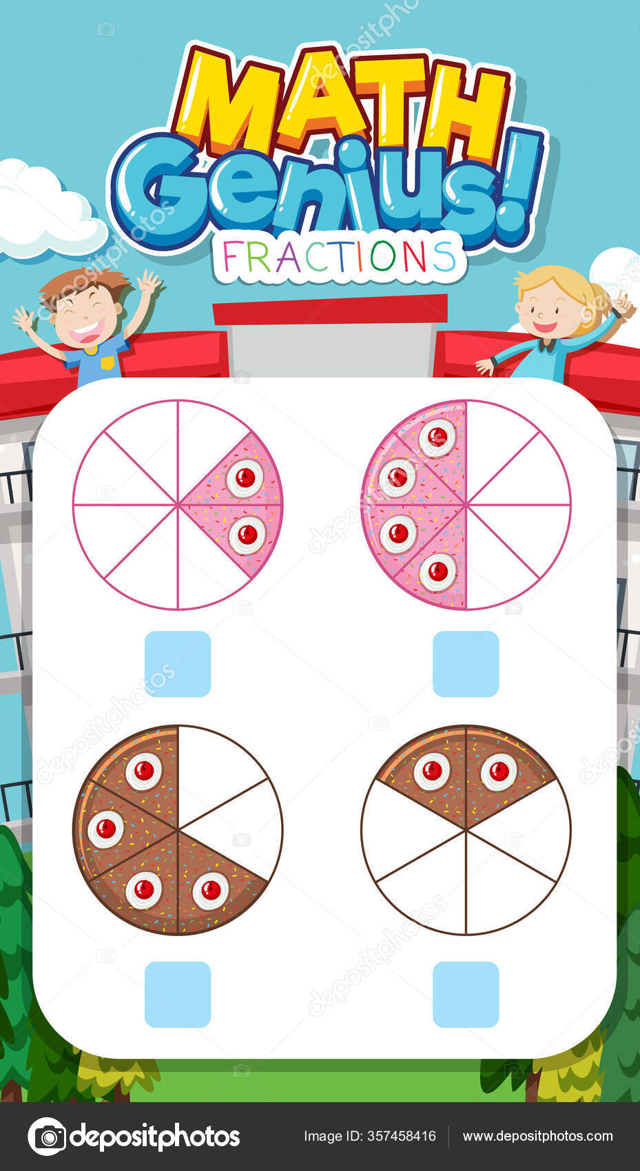 Diseño Hoja Cálculo Matemática Para Fracciones Con Ilustración Pasteles  Vector de stock por ©blueringmedia 357458416, image size:929x1700