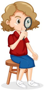 Büyüteç çizimine bakan tatlı bir kız.