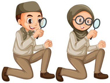 Erkek ve kız izci üniforması içinde beyaz arkaplan çizimi yapıyorlar.