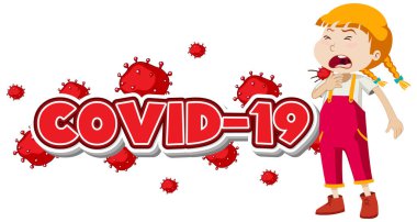 Hasta kız ve boğaz illüstrasyonuyla dolu Covid 19 tabela şablonu