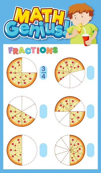 带比萨饼图解的分数数学工作表模板设计 — 图库矢量图片