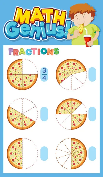 ピザイラスト付き分数の数学ワークシートテンプレートのデザイン — ストックベクタ