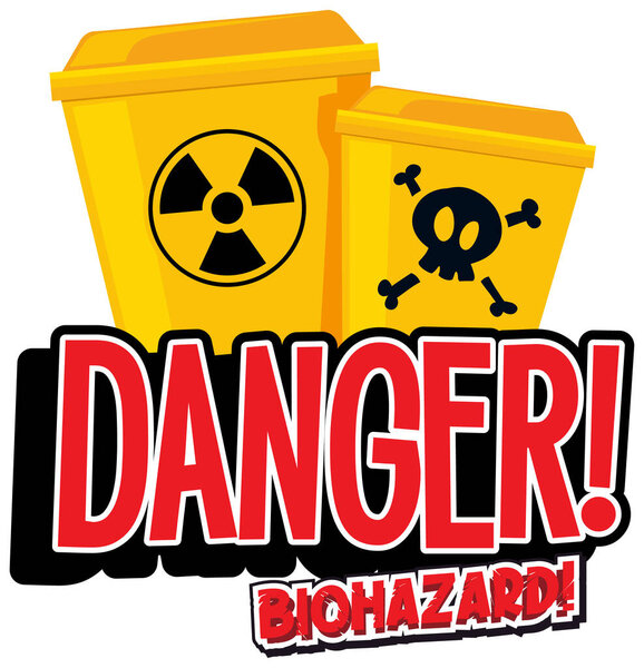 Font design for word danger biohazard with yellow trashcans illustration