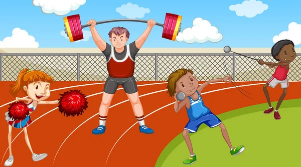 Achtergrond Scène Met Atleten Doen Track Field Events Illustratie — Stockvector