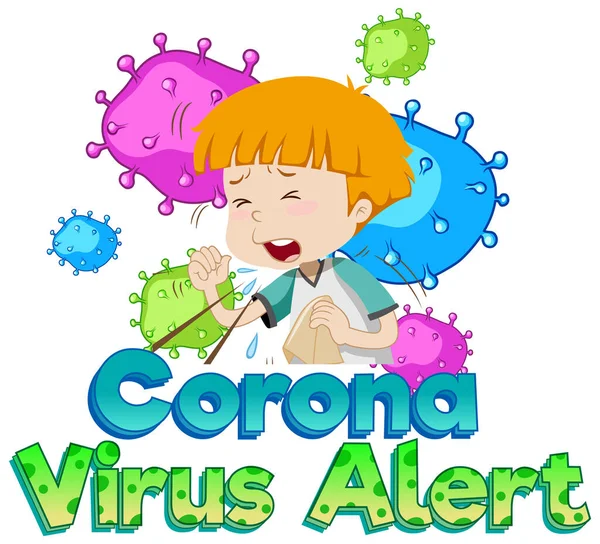 Desenho Fonte Para Alerta Coronavírus Com Ilustração Menino Doente Células —  Vetores de Stock