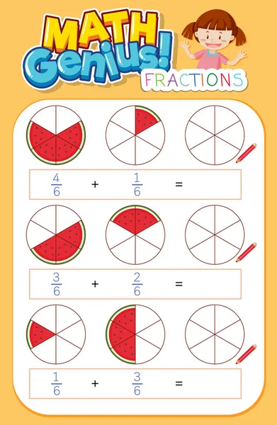 Arbeitsblatt Design Für Mathe Genie Mädchen Und Bruchdiagramm Illustration — Stockvektor