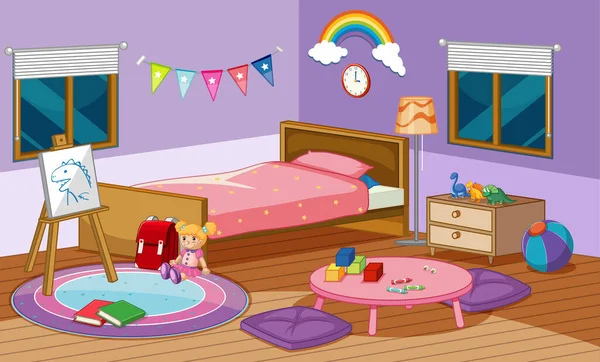 卧室里有床和许多玩具的场景 — 图库矢量图片