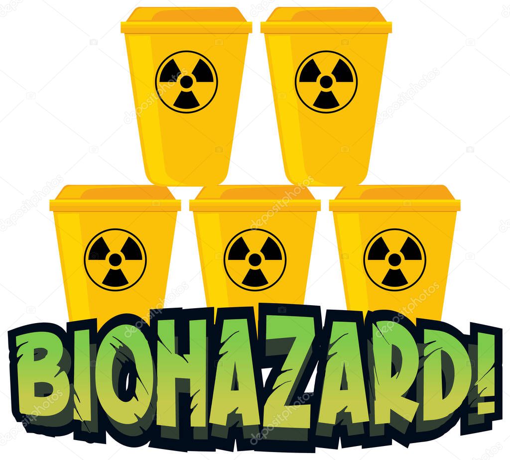 Font design for word biohazard with yellow trashcans illustration