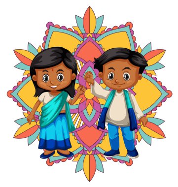 Mandala desenli arka plan ve iki mutlu çocuk çizimi