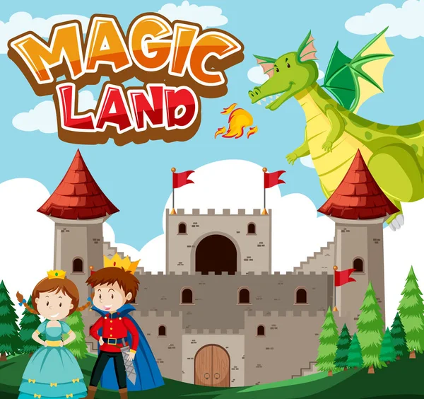 Projektowanie Czcionki Dla Word Magic Land Dragon Castle Illustration — Wektor stockowy