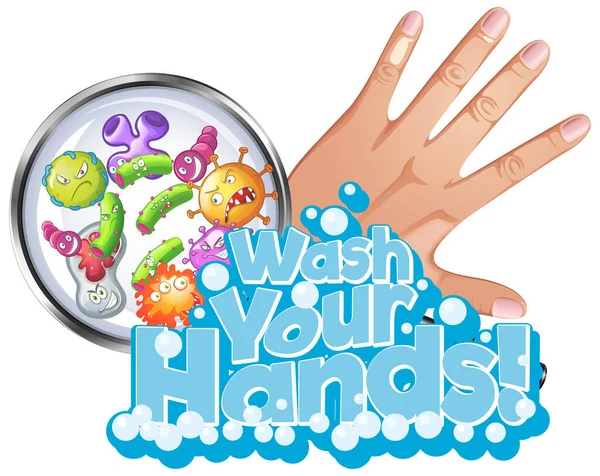 Projeto Frase Para Lavar Mãos Com Mão Células Vírus Ilustração — Vetor de Stock