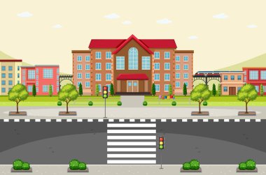 Binalar ve boş yol resimleriyle sahne