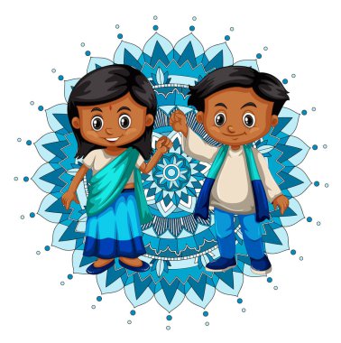 Mandala desenli arka plan Hintli kız ve erkek çizimleri