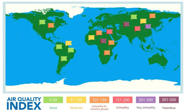 Projekt Plakatu Indeksu Jakości Powietrza Kolorową Skalą Różnych Częściach Świata — Wektor stockowy