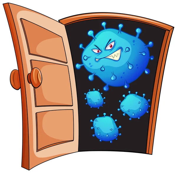 ドアのイラストでウイルス細胞とコロナウイルスのテーマのポスターデザイン — ストックベクタ