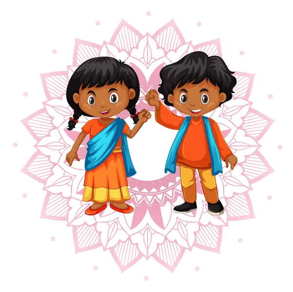 具有曼陀罗图案的印度男孩和女孩背景说明 — 图库矢量图片