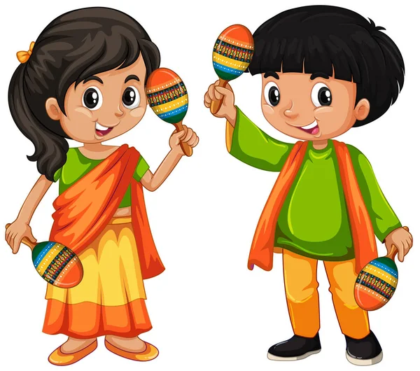 印度小孩在白色背景图上拿著澳门元 — 图库矢量图片