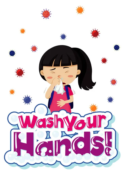 コロナウイルステーマで病気の女の子と言葉洗浄あなたの手イラスト — ストックベクタ