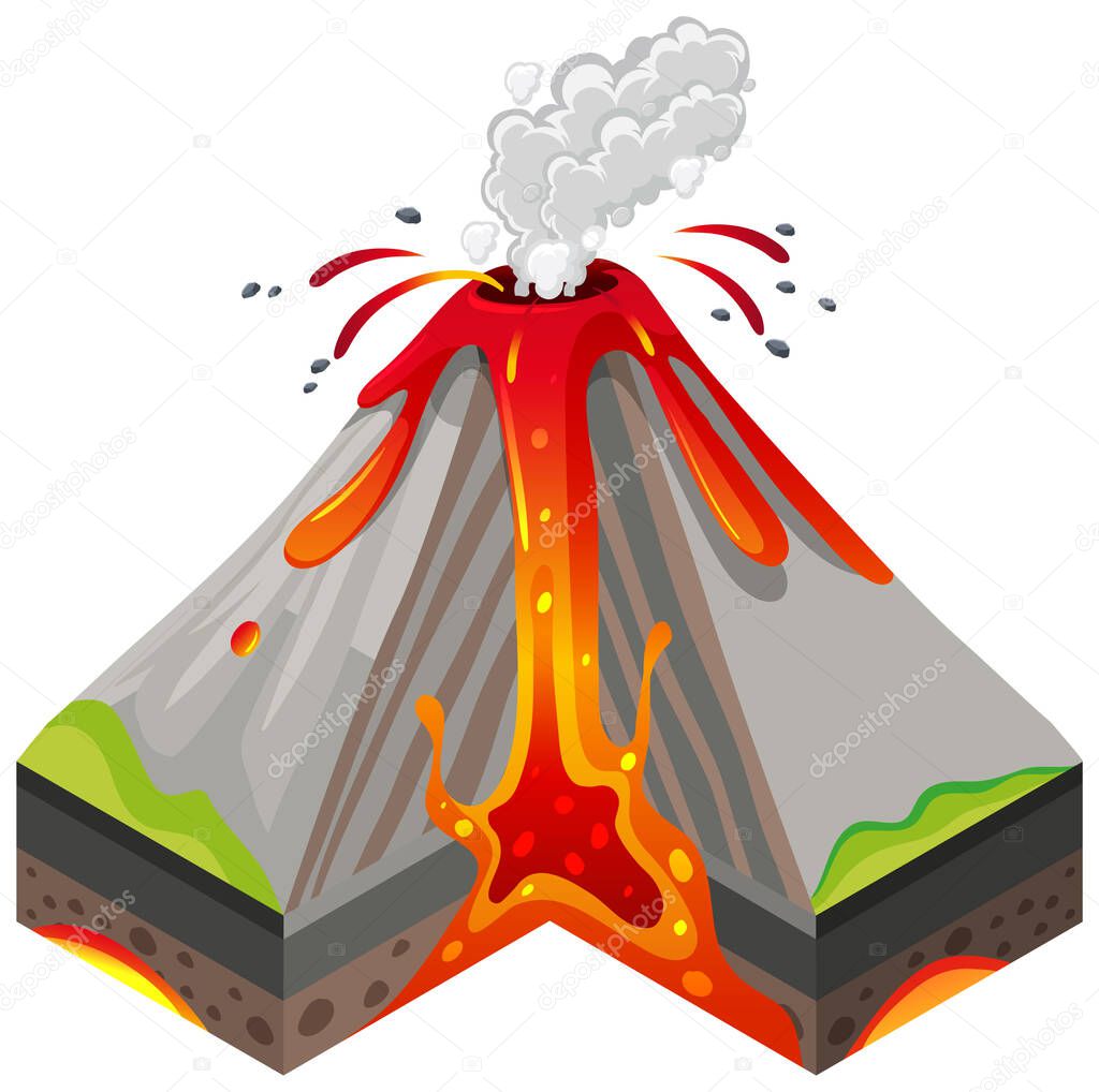 Volcano eruptions and inside layers on white background illustration