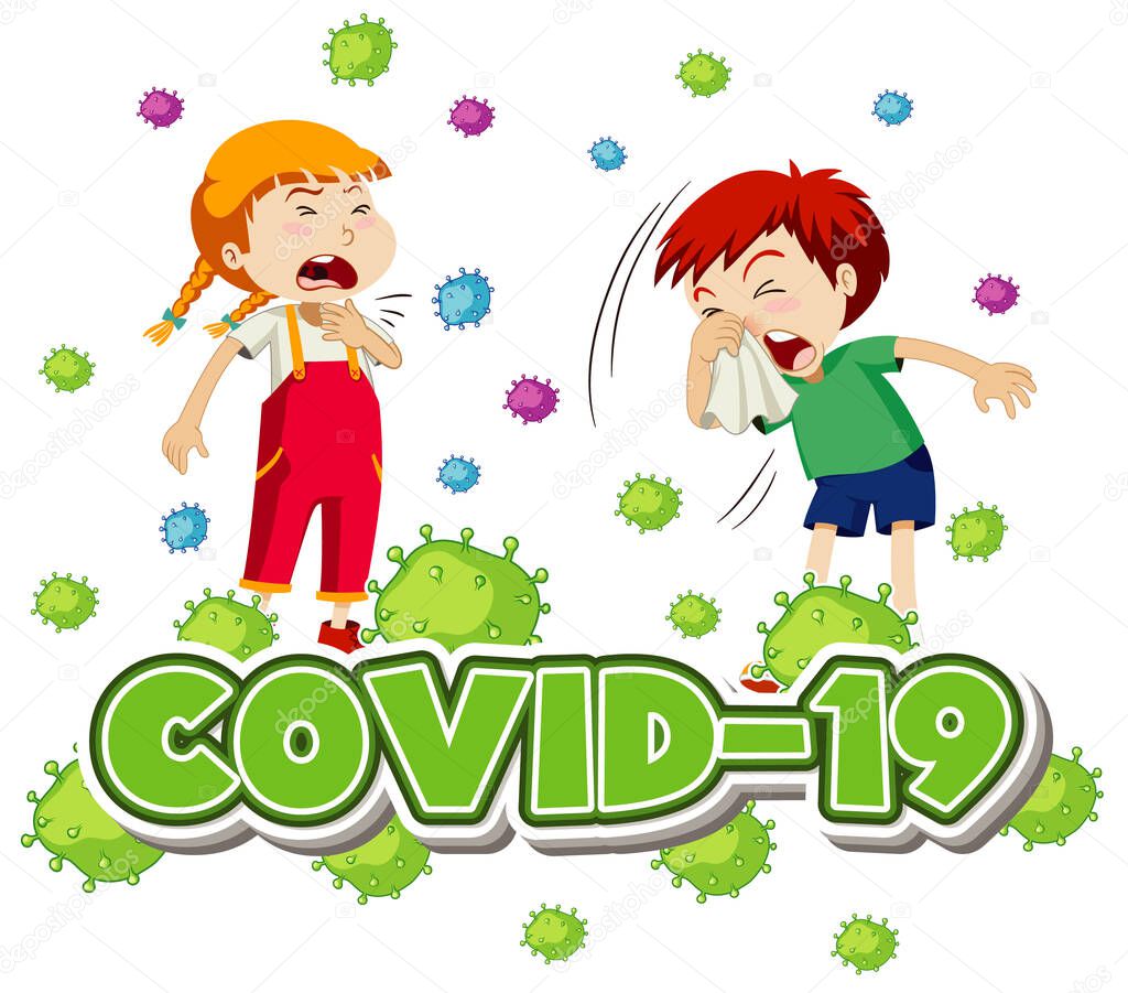 Poster design for coronavirus theme with two sick children illustration