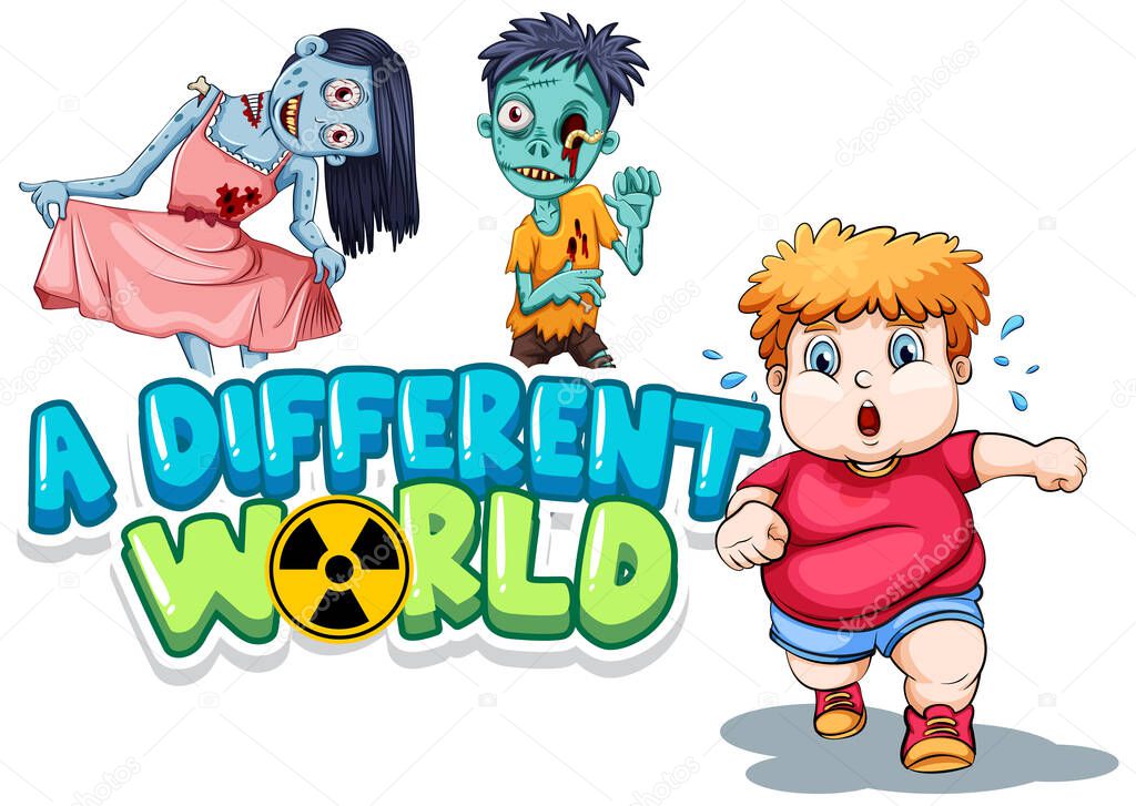 Font design for word a different world with zombies and fat boy illustration