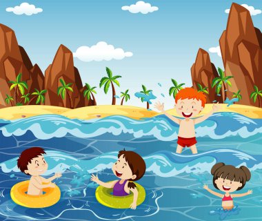 Okyanusta yüzen bir sürü çocuğun olduğu sahne.