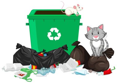 Çöp kutusu illüstrasyonunda kedi ve fareli sahne