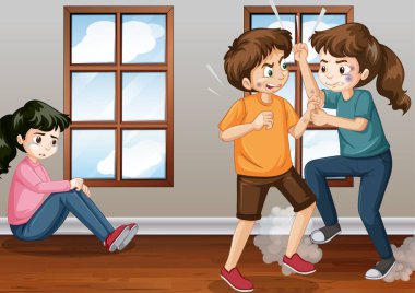 İnsanların resimle savaştığı aile içi şiddet sahnesi