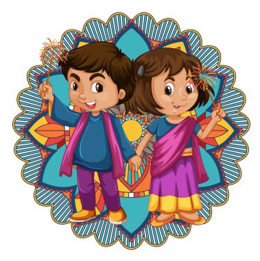 Mandala desenli iki mutlu çocuk çizimi.