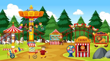 Birçok sürüş ve birçok insan resimli tema parkı sahnesi