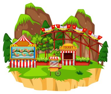 Ada illüstrasyonunda roller coaster ve oyun sahnesi
