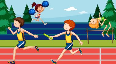 İnsanların atletizm ve spor illüstrasyonları yaptığı sahne