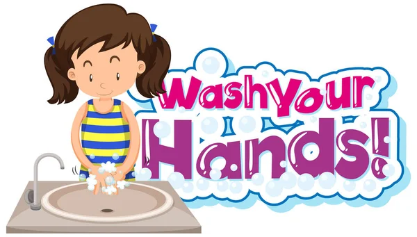 Phrasendesign Für Händewaschen Mit Mädchen Beim Händewaschen Illustration — Stockvektor