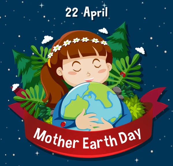 Affiche Ontwerp Voor Moeder Aarde Dag Met Meisje Knuffelen Aarde — Stockvector
