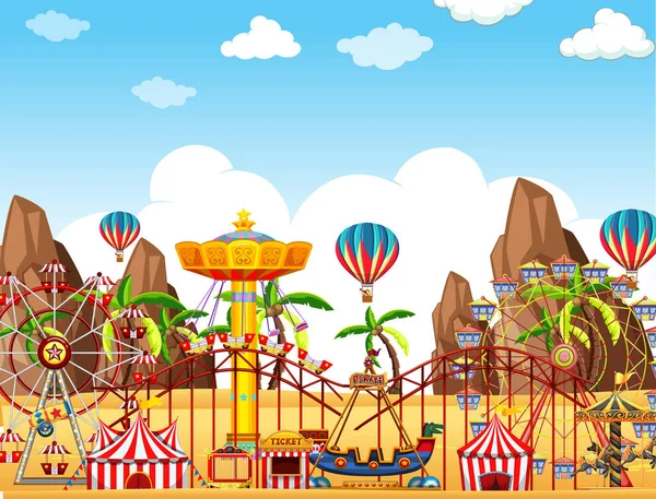 Themepark Szene Mit Vielen Fahrgeschäften Auf Dem Wüstenboden Illustration — Stockvektor