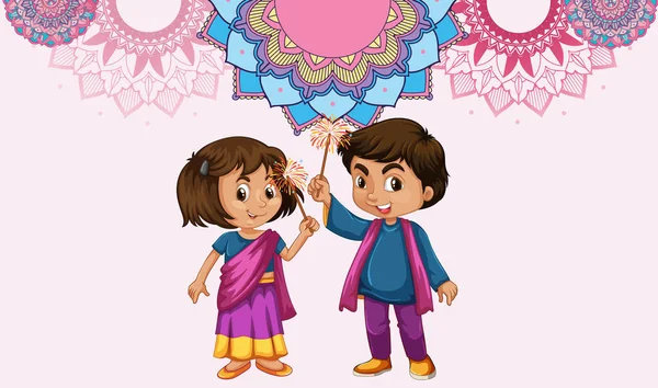 インドの女の子と男の子のイラストとマンダラパターンデザインの背景 — ストックベクタ