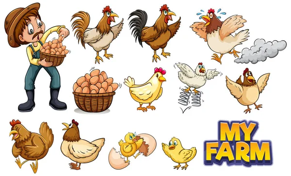 Set Many Chickens Farmer Illustration — Stock Vector