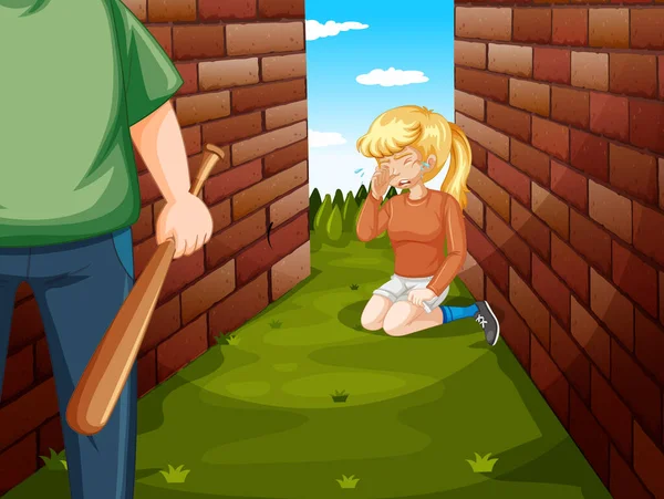 Szene Mit Weinendem Mädchen Und Wütendem Mann Mit Baseballschläger — Stockvektor