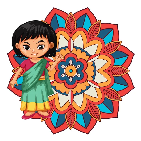 Мандала Індійською Дівчиною Яка Посміхається Ілюстрацією — стоковий вектор