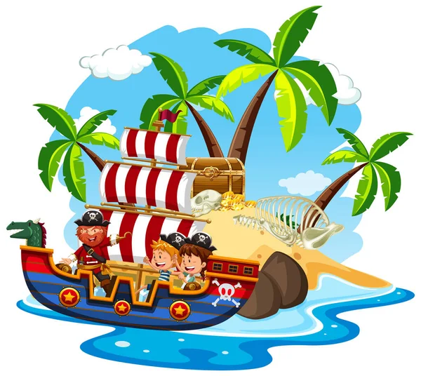 Scena Piratem Szczęśliwe Dzieci Żeglarstwo Ilustracji Oceanu — Wektor stockowy