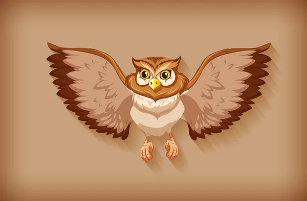 One Brown Owl Flapping Wings Brown Background Illustration — Stock Vector