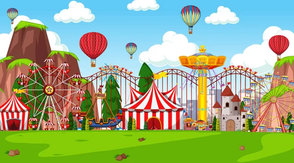 Saha illüstrasyonunda birçok sürüşün olduğu tema parkı sahnesi