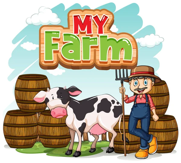 Font Design Word Farm Farmer Cow Illustration — Stock Vector