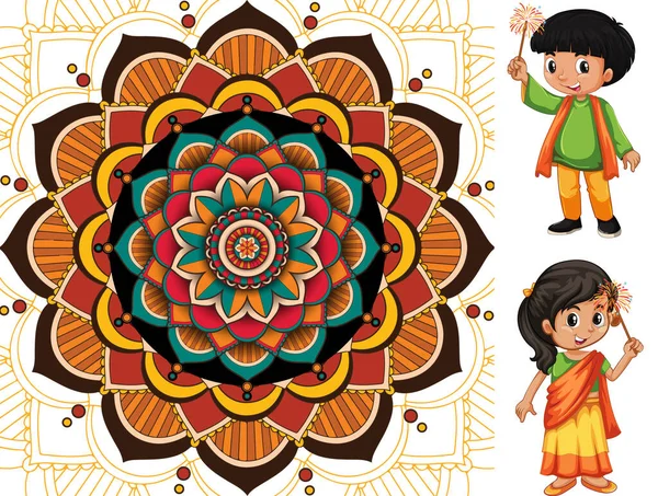 Mandala Padrão Design Duas Crianças Felizes Ilustração — Vetor de Stock